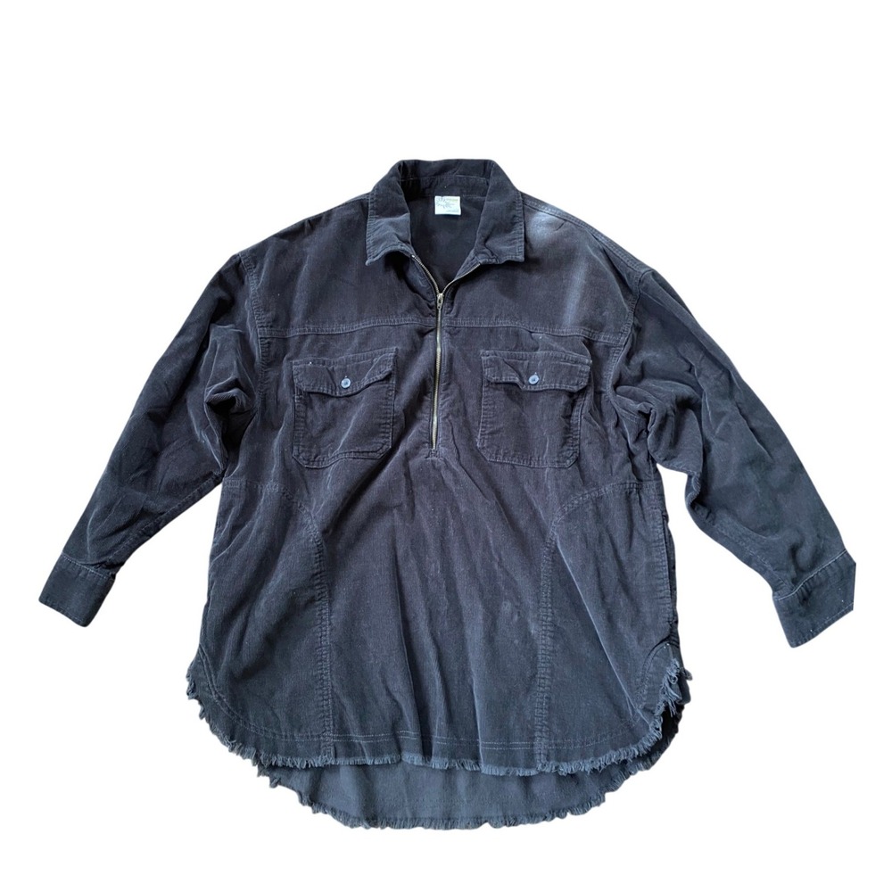Aerie Corduroy Quarter Zip Black Pullover Large Frayed Hem Boho Western Lounge
